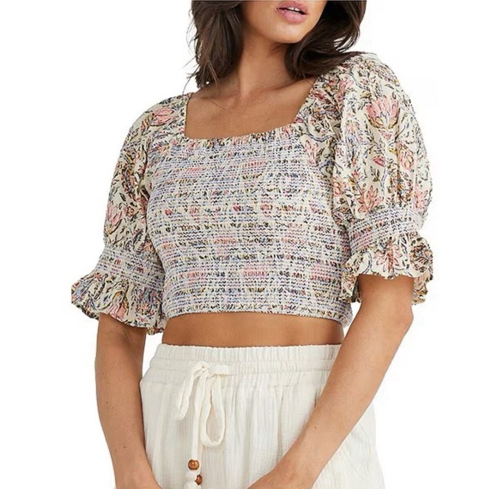 Talisman Square Neck Lotus Floral Print Smocked Firelight Cropped Top NWT